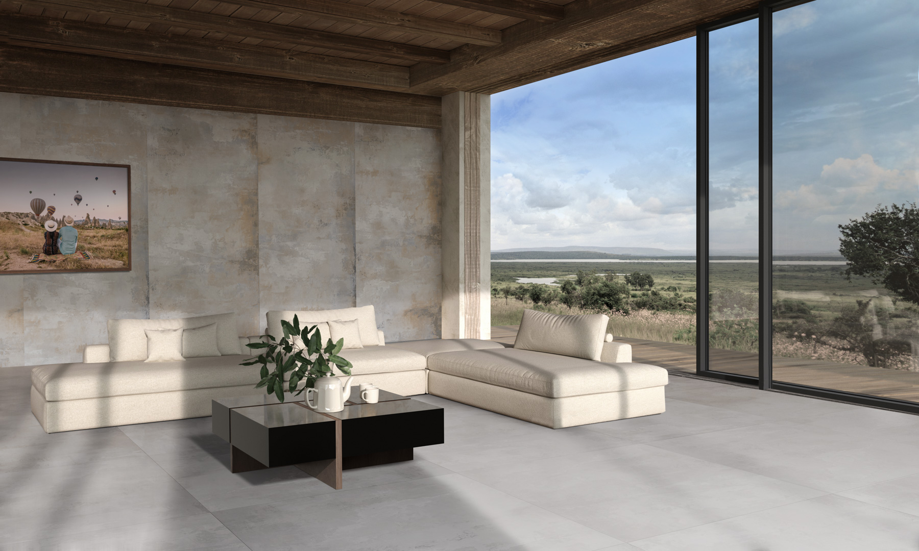 Woonkamer met EnergieKer City Plaster metaallook vloer