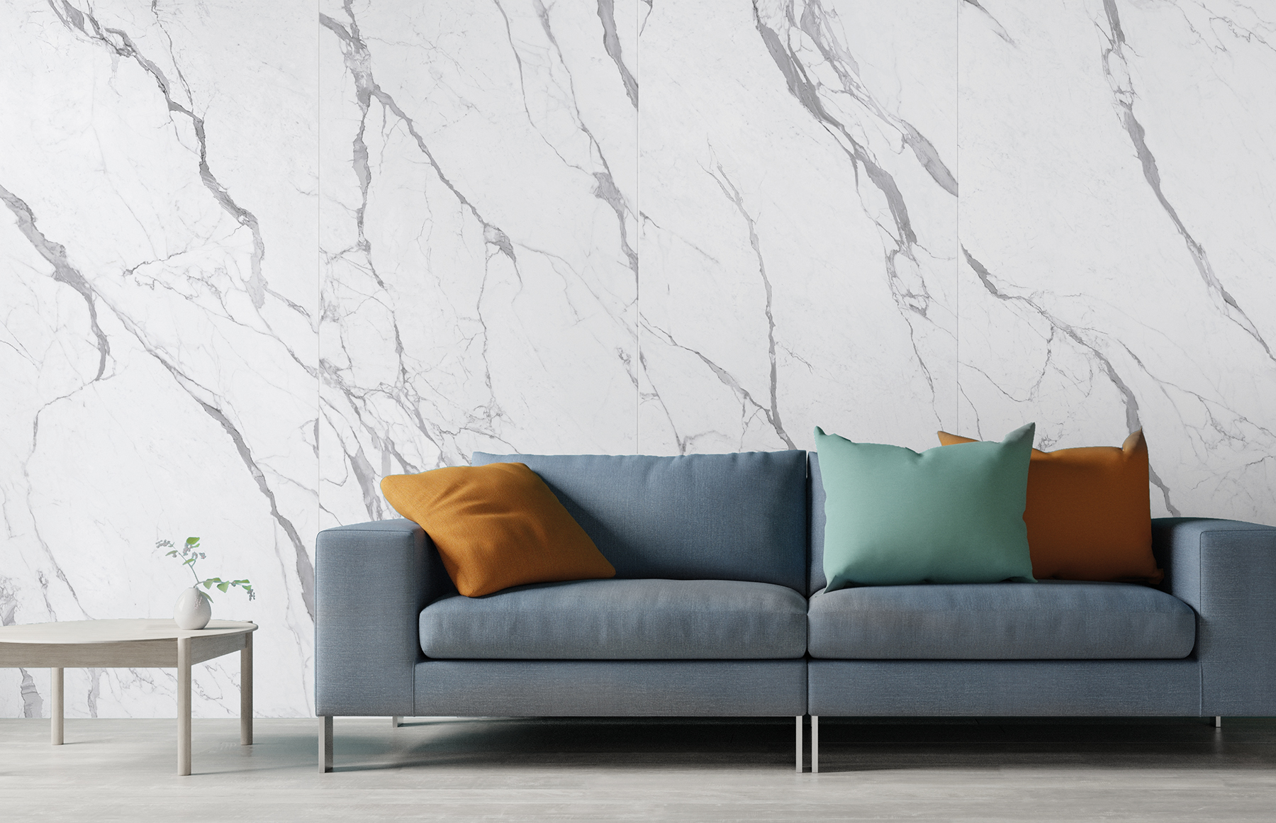 Woonkamer met marmerlook vloertegels