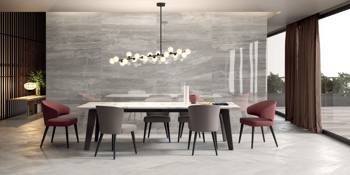 Eetkamer met ABK Imoker Interno 9 metaallook tegels