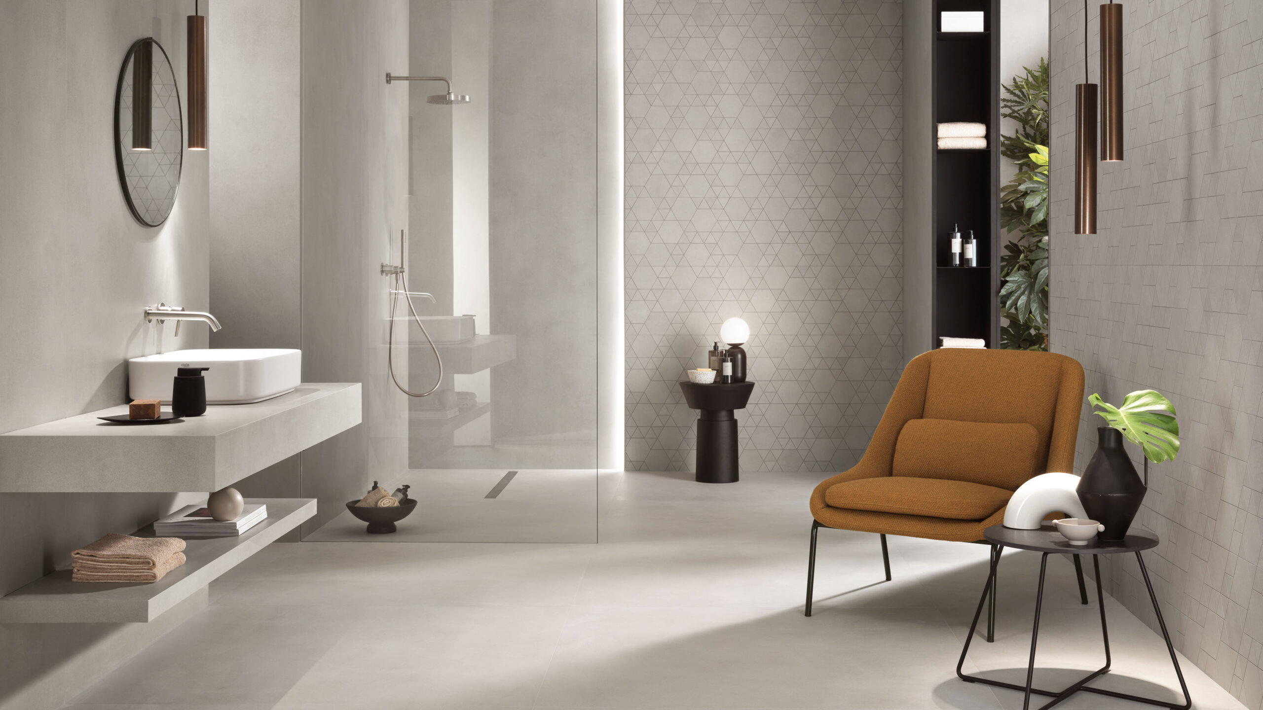 Lichte betonlook vloertegels in een moderne woonkamer