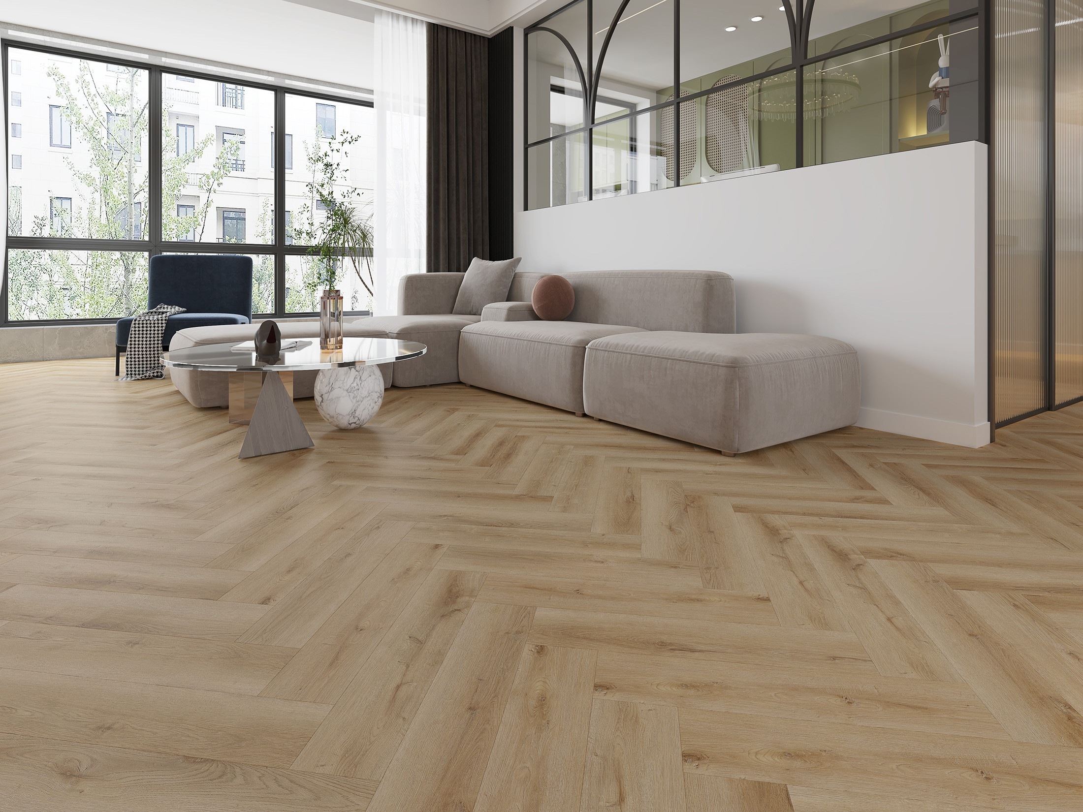 Keramische visgraatvloer in houtlook