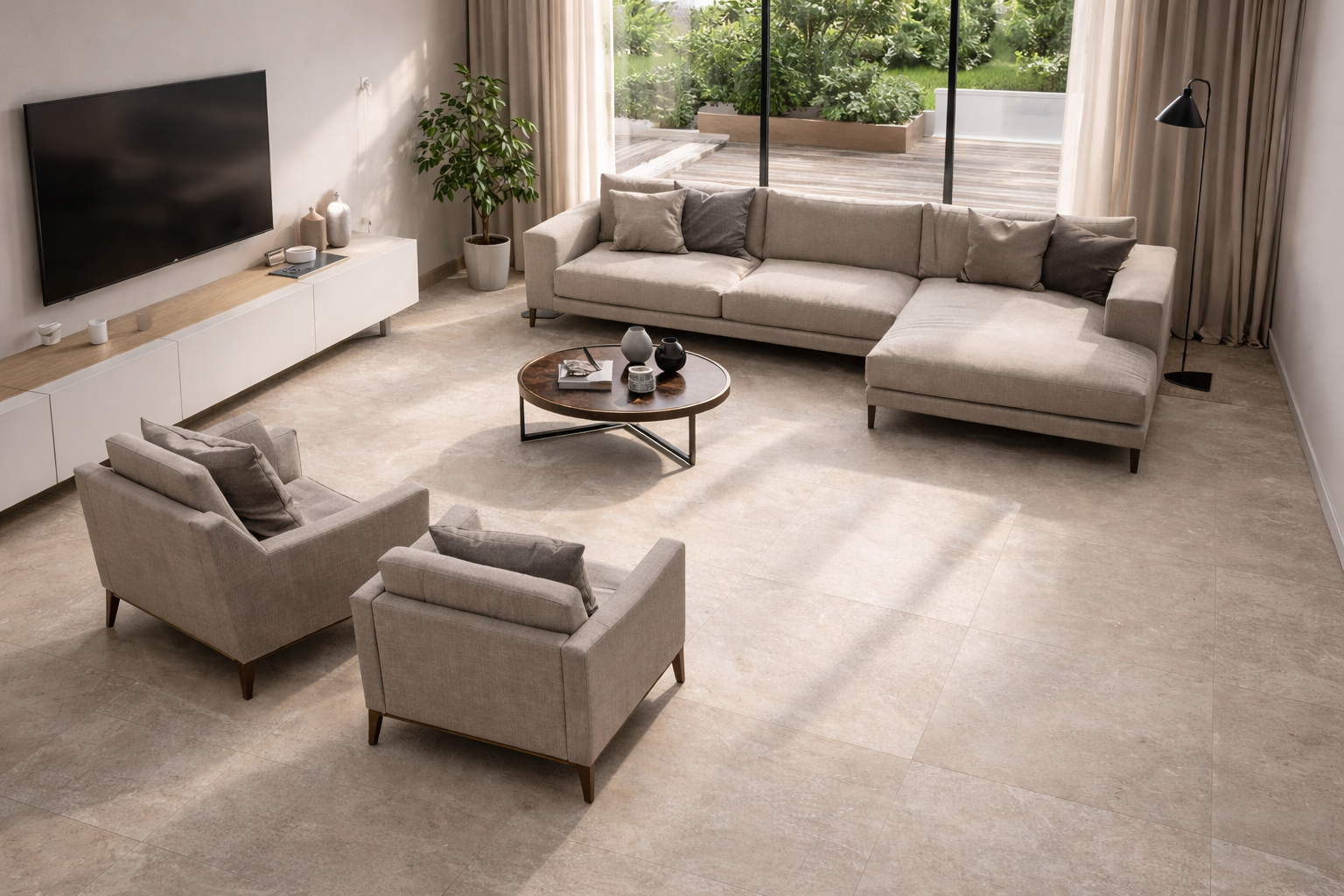 Woonkamer met Italmaxx B-stone beige vloertegels