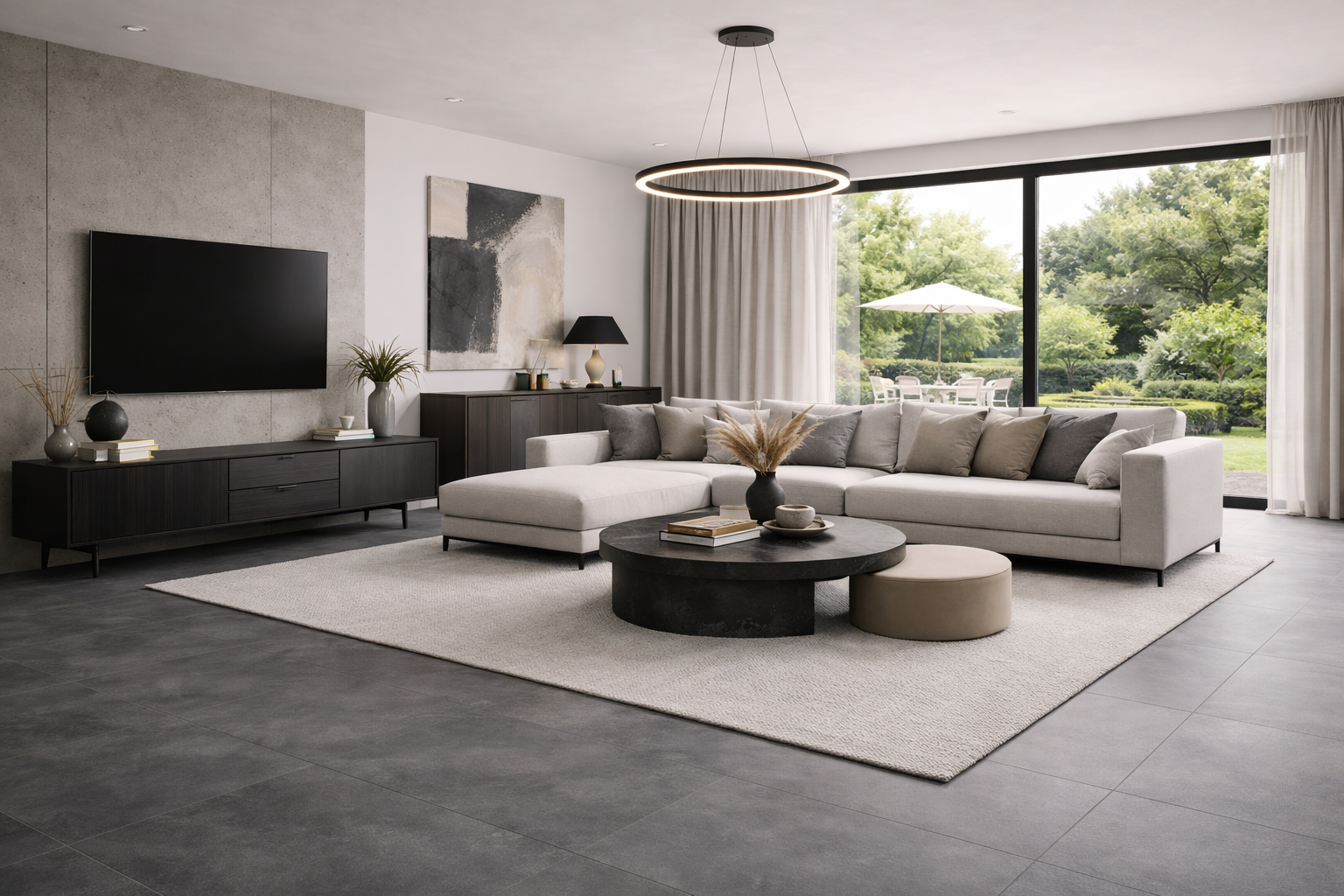 Moderne inrichting met donkere betonlook