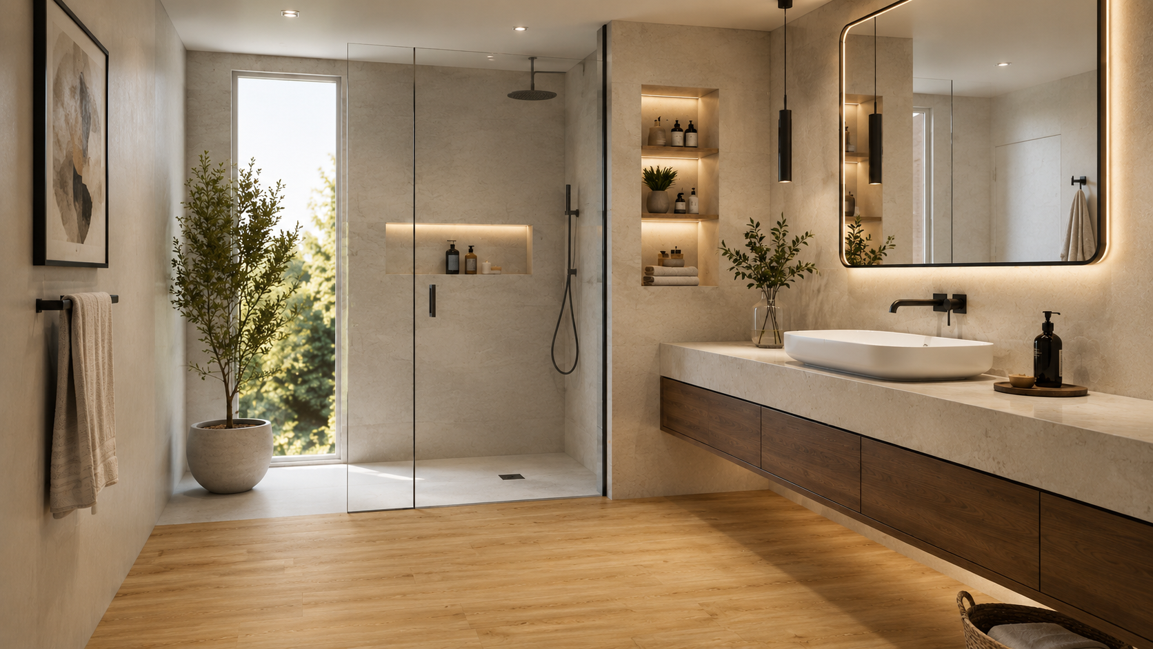 Warme badkamer met natuursteenlook wandtegels en houtlook vloertegels