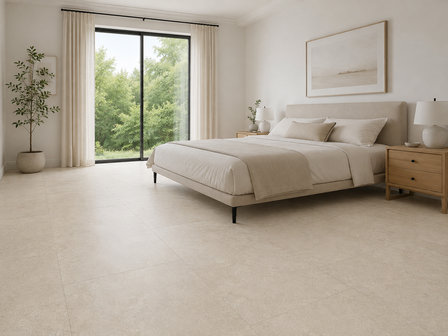 Slaapkamer met warme natuursteenlook tegelvloer
